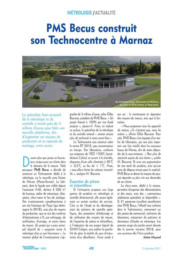 PMS BECUS construit sont Technocentre à Marnaz - Article de presse : Machines Production