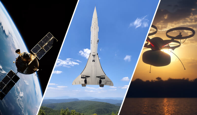 Un satellite, un avion et un drone illustrant l'importance de la métrologie dans l'industrie aéronautique, spatiale et des drones pour garantir des mesures précises et des vols sûrs.